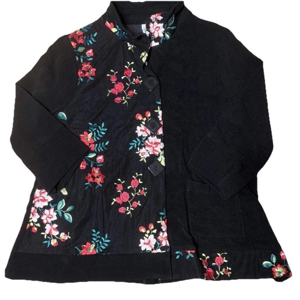 Floral Design Embroidery 1XL NWT Crepe Black Jacket Mandarin Collar Asian Art